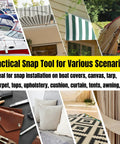 Collage of uses for Heavy Duty Snap Fasteners Kit For Boat Covers And Outdoor Fabric with pliers and snaps visible.