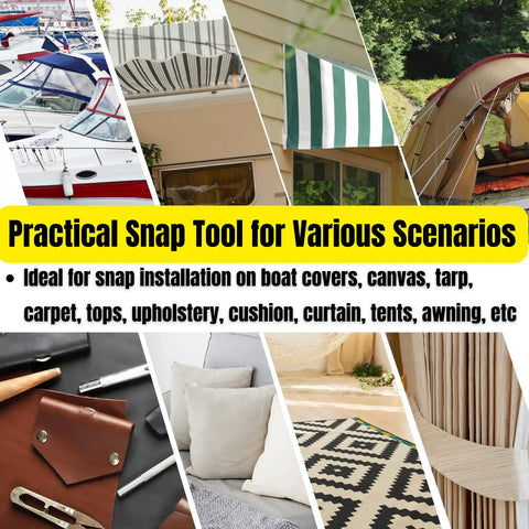 Collage of uses for Heavy Duty Snap Fasteners Kit For Boat Covers And Outdoor Fabric with pliers and snaps visible.