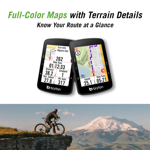 Rider 650 GPS Cycling Computer with 2.8 inch color touchscreen displaying full-color terrain maps, cyclist on mountain trail.