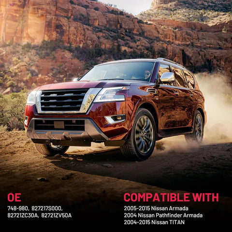 Red SUV driving through desert, compatible with Rear Left Power Window Regulator With Motor For 2004 Through 2015 Nissan Armada