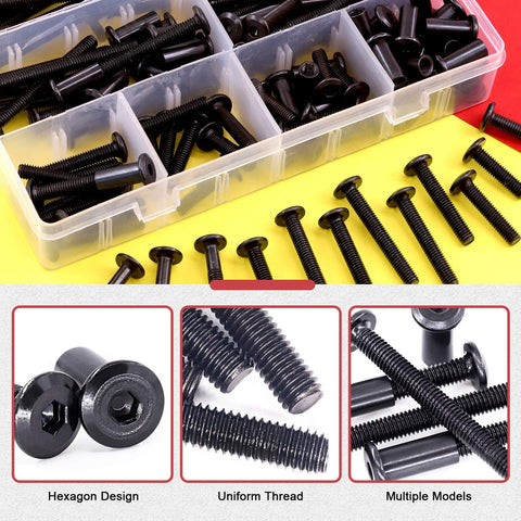 Durable M6 Hex Drive Socket Cap Bolts Kit With Countersunk Round Heads, Black Zinc Coated Fasteners in Storage Case