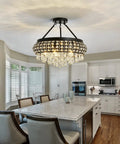 5 Light Black Crystal Round Chandelier Chic Modern Semi Flush Mount Ceiling Light Fixture in elegant kitchen setting