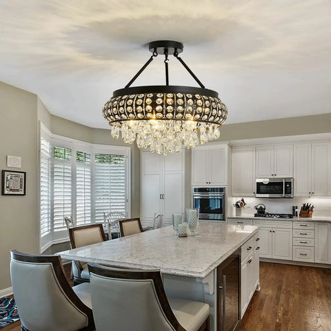 5 Light Black Crystal Round Chandelier Chic Modern Semi Flush Mount Ceiling Light Fixture in elegant kitchen setting