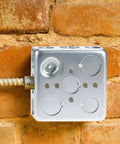 Heavy Duty 4 Inch Square Electrical Box Set 12 Pack Galvanized Metal With 21 Cubic Inch Capacity And Knockouts For Half Inch And Three Quarter Inch Wiring Perfect For Junction Box Projects And DIY Electrical Installations, mounted on brick