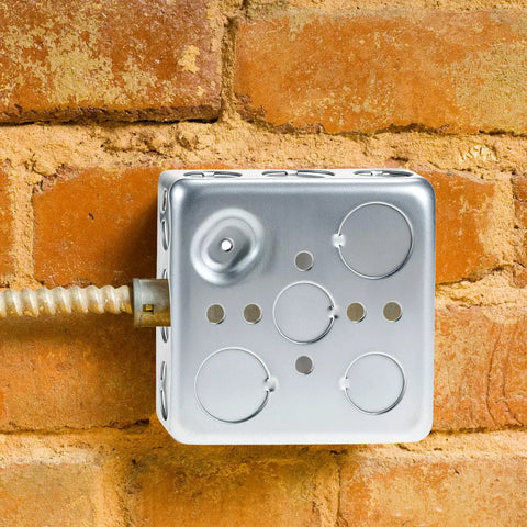Heavy Duty 4 Inch Square Electrical Box Set 12 Pack Galvanized Metal With 21 Cubic Inch Capacity And Knockouts For Half Inch And Three Quarter Inch Wiring Perfect For Junction Box Projects And DIY Electrical Installations, mounted on brick