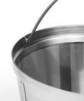 Close-up of 8-12 Cup Reusable Filter Basket For Basket Style Coffee Makers, Dishwasher Safe 18/8 Stainless Steel with handle detail