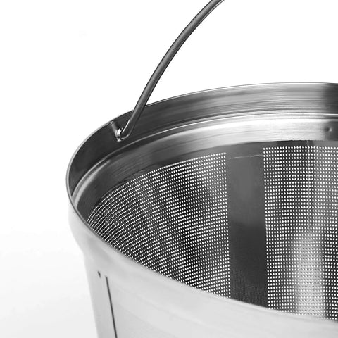 Close-up of 8-12 Cup Reusable Filter Basket For Basket Style Coffee Makers, Dishwasher Safe 18/8 Stainless Steel with handle detail