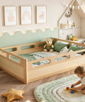 Full Size Floor Platform Bed For Toddlers With Full Length Guardrails On Three Sides Keeps Kiddo Sleepers Safe From Rolling Off