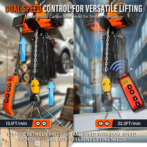 Front view of YATOINTO 2-Speed Electric Chain Hoist with orange motor, pendant and remote, 2200lb capacity, 10ft G80 chain