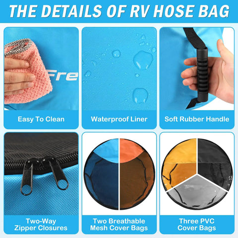 Image showcasing details of 5 Pack RV Sewer Hose Storage Bags With Visible Covers And Two Way Zippers Waterproof Utility Organizer.
