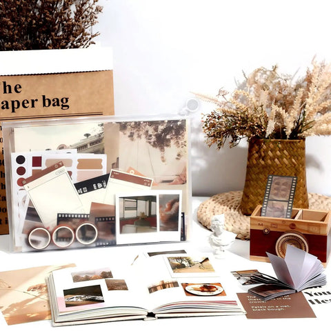 Complete Scrapbook Kit With 114 Pieces Aesthetic Supplies For Junk Journaling And Bullet Journaling displayed with accessories.