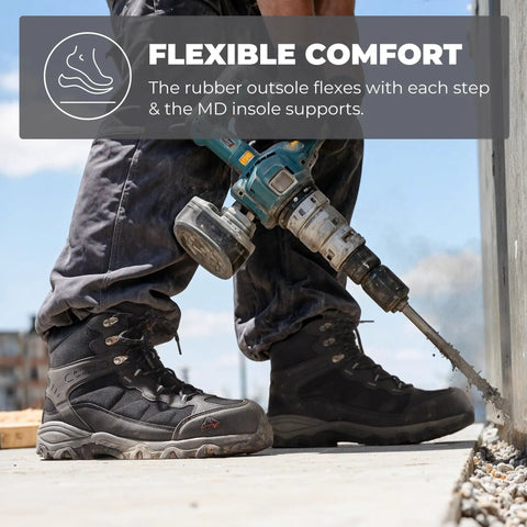 Worker with drill wearing Waterproof Steel Toe Work Boots For Men With Slip Resistant Safety Industrial Design Durable Black Suede Membrane
