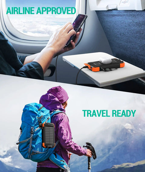 10,000mAh Solar Power Bank With Wireless Charging And 20W USB C Fast Charge attached to backpack while hiking in mountains.