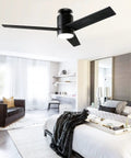 52 Inch Modern Black Ceiling Fan With Light And Remote Flush Mount Low Profile Ceiling Fan With 3 Wood Blades Dark Grey Finish in bedroom