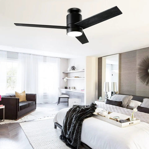 52 Inch Modern Black Ceiling Fan With Light And Remote Flush Mount Low Profile Ceiling Fan With 3 Wood Blades Dark Grey Finish in bedroom