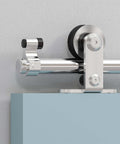 Close-up of 6Ft Top Mount Sliding Barn Door Hardware Kit with Stainless Steel Track and Rollers, showing mounting detail