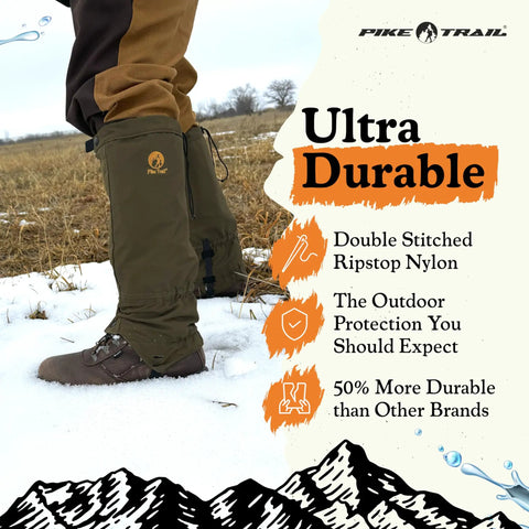 Adjustable Leg Gaiters Lightweight Waterproof Leg Guards For Men And Women Perfect For Hiking Hunting Trekking And Fishing Defense Force Camo 1 Pair in snowy field