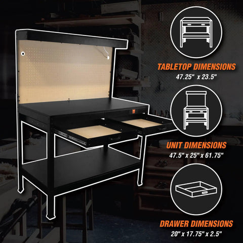 Heavy Duty 48 Inch Workbench With Power Outlets And Light, Black Finish, Two Drawers, Pegboard, Upper and Lower Shelves