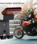 Heavy Duty Helmet Wall Mount and Gear Organizer Rack with 2 sturdy hooks in solid wood and steel displaying motorcycle in background.