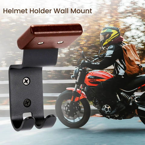 Heavy Duty Helmet Wall Mount and Gear Organizer Rack with 2 sturdy hooks in solid wood and steel displaying motorcycle in background.