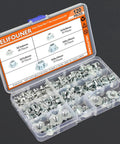 Premium Heavy Duty Zinc Plated Carbon Steel T Nuts Assortment Kit 120 Piece Set M3 M4 M5 M6 M8 displayed in a clear container.