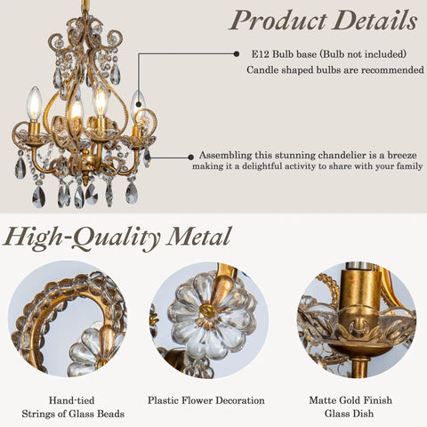 Four Light Crystal Chandelier in Antique Gold 14 Inch Diameter Dining Room Pendant Swag Light With Teardrop Beads Vintage Gothic Style Adjustable 76 Inch Chain E12 Bulb Compatible Bulbs Not Included featuring hand-tied glass beads and flower decoration.