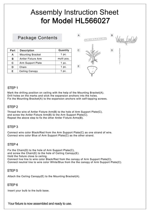 Assembly instruction sheet for the Rustic Antler Chandelier With Four Lights Small Deer Horn Pendant Lamp In Resin Candle Style.