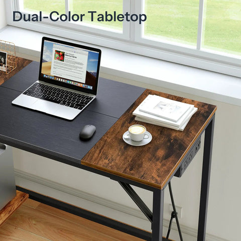 Compact Computer Desk With Built In Charging Station And USB Ports Modern Home Office Writing Desk With Two Shelves Easy Assembly Rustic Brown And Black Finish Great For Small Spaces shown in a room with a laptop and coffee cup.
