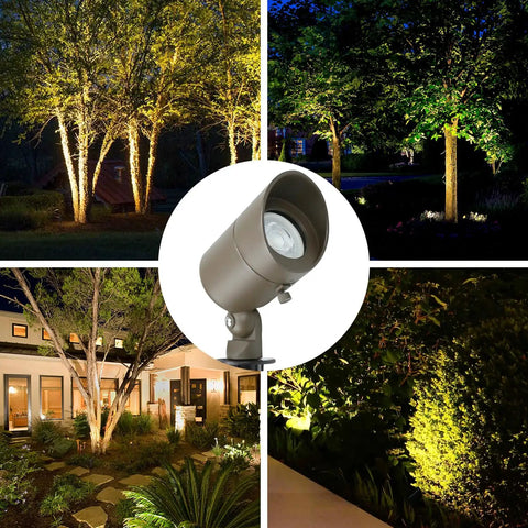 Low Voltage 12V 4W Outdoor Landscape Lights With Adjustable 160 Degree Knuckle Warm White Waterproof LED Spotlights illuminating trees and garden in bronze finish
