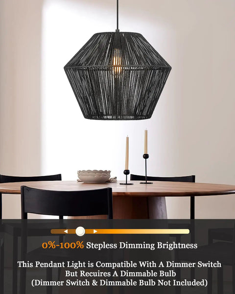 Handwoven Rattan Basket Shade Boho Chic Pendant Light 16.5 Inch Matte Black Modern Farmhouse Coastal Chandelier over dining table