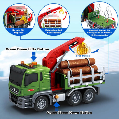 Toddler Flatbed Truck Set With Farm Truck Friction Powered Vehicles With Lights And Sounds detailed with crane lifting logs
