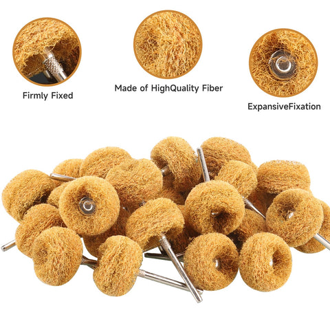 Buffing Wheel Set 1 Inch For Rotary Tool, 1/8 Inch Shank (3mm), Yellow 80 Grit Abrasive Buffing Wheels in a pile with fibers visible