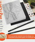 Beginner Wood Burning Kit For Kids And Teens, Totally Beginner Friendly, Easter Gift And Birthday Gift Idea For Boys And Girls, Learn Step By Step Sketch Burn And Paint Eight DIY Art Projects, Safe Pro Grade Accessories For Fun Craft Activities. Includes pencils, sandpaper, stencil, and guide displayed.