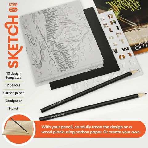 Beginner Wood Burning Kit For Kids And Teens, Totally Beginner Friendly, Easter Gift And Birthday Gift Idea For Boys And Girls, Learn Step By Step Sketch Burn And Paint Eight DIY Art Projects, Safe Pro Grade Accessories For Fun Craft Activities. Includes pencils, sandpaper, stencil, and guide displayed.