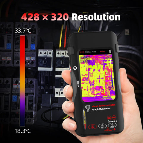 Hand holding Thermal Imaging Multimeter With Macro Lens And Date Recorder 428x320 IR Resolution 15 Palettes on circuit panel