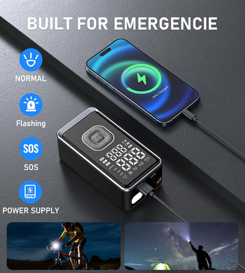 Cordless Portable Tire Inflator Mini Air Pump With Digital Pressure 150 PSI, shown charging a phone with LED emergency icons