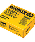 Box of DeWalt 16 gauge straight finish nails, 1-1/4 inch, for interior use, 2500 pack. Visible product details.