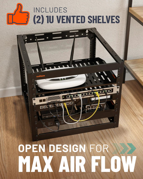 Heavy Duty 10U Open Frame Server Rack Packing Badass Airflow And A No Sweat Diy Build, Comes With Dual Vented Shelves And Every Rack Screw Your Rig Demands For Sweet Networking Gear, showcasing ventilated shelves and networking equipment.