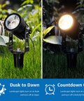 All In One LED Low Voltage Landscape Lighting Kit spotlight showing dusk to dawn and countdown features in garden setting