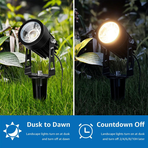 All In One LED Low Voltage Landscape Lighting Kit spotlight showing dusk to dawn and countdown features in garden setting