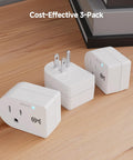 3 Pack Non Blocking 750 Joules Surge Protector With 500V Clamping Voltage, Single Outlet Wall Outlet, displayed on wooden table