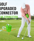 Golfer using Upgraded Golf Swing Trainer Ball for posture correction on the course with text 'Golf Upgraded Connector'. 