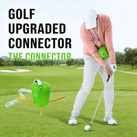 Golfer using Upgraded Golf Swing Trainer Ball for posture correction on the course with text 'Golf Upgraded Connector'. 