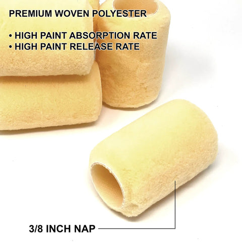 Six Piece Pro Grade 4 Inch Shedless Roller Covers With Roller Frame Kit Lint Free Three Eighth Inch Nap Heavy Duty Zinc Plated Frame Soft Grip Handle Ideal For Smooth Professional Home Painting showing yellow polyester roller covers, 3/8 inch nap