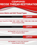 Front view of Cenforge 3-piece thread restorer file set with red handles; metric 0.75–3mm and SAE 9–32 threads.