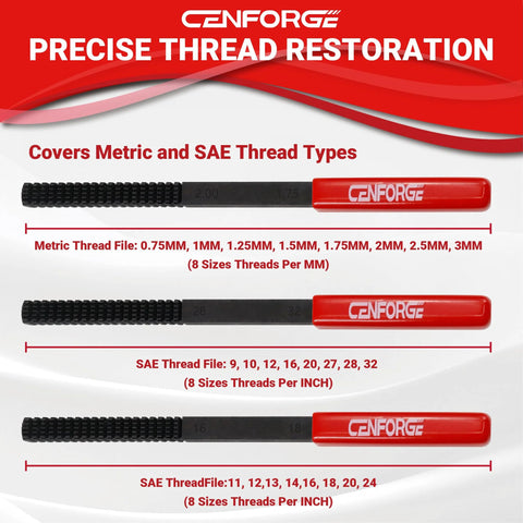 Front view of Cenforge 3-piece thread restorer file set with red handles; metric 0.75–3mm and SAE 9–32 threads.