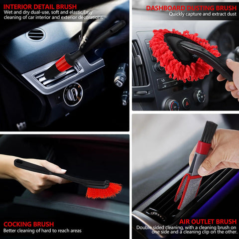 32 Piece Red Car Detailing Kit with Pro Grade Drill Brush Attachments showing various brushes for interior cleaning