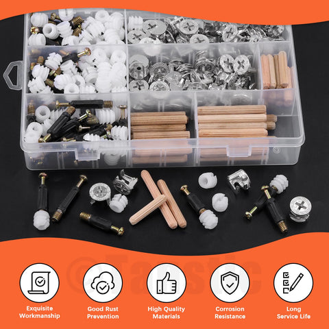 Open box of Three In One Furniture Connecting Hardware Kit With Cam Locks And Dowels, 270 Pcs Including Cam Lock Nuts, Pre Inserted Nuts