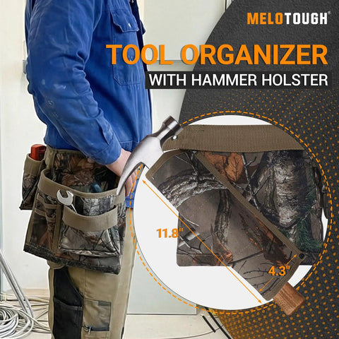 Heavy Duty Camo Tool Belt Set With Adjustable Pouches For Electricians And Carpenters with hammer holster and pouches.