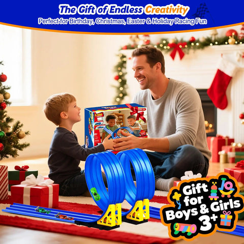 Father giving son 3 Lane Flexible Race Track For Kids With 15ft Bendable Ramp And Suction Cups as a Christmas gift.